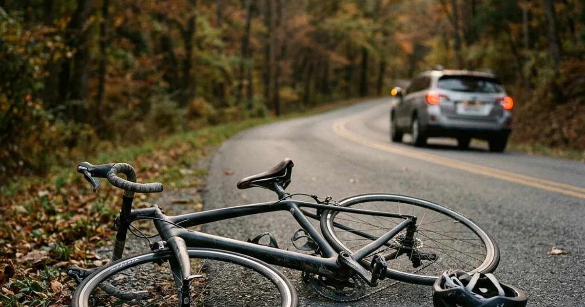 A damaged bicycle and helmet on the shoulder of a Virginia road after a collision with a car