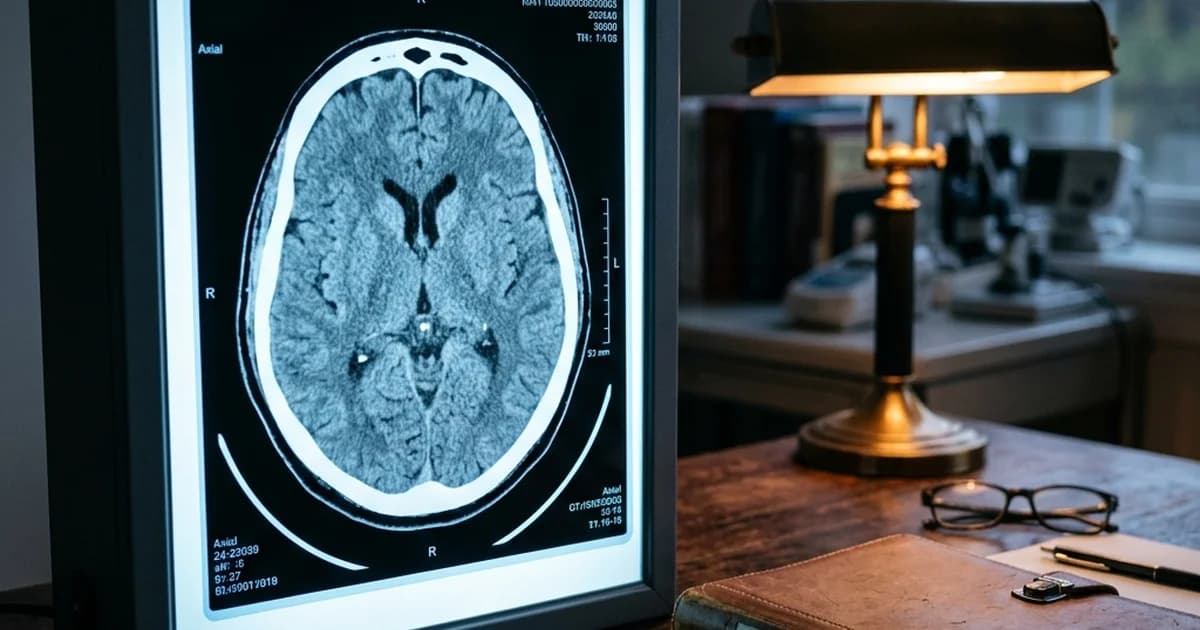 A brain CT scan on a radiology lightbox beside a legal folder, representing a traumatic brain injury claim