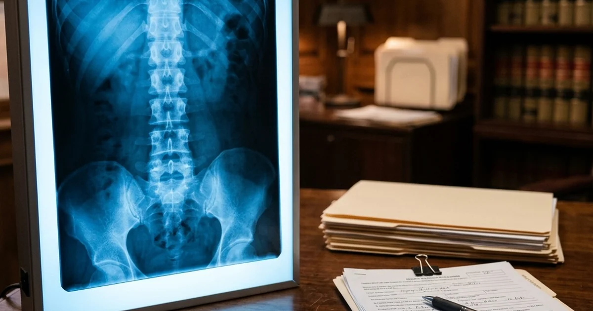 A spinal X-ray on a radiology lightbox beside injury claim paperwork on a Virginia attorney's desk