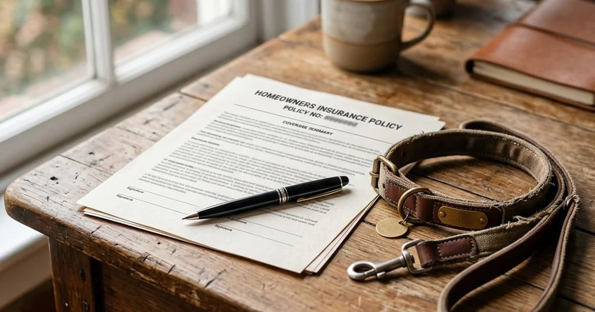 A homeowner's insurance policy beside a dog leash and collar, representing who pays a Virginia dog-bite claim