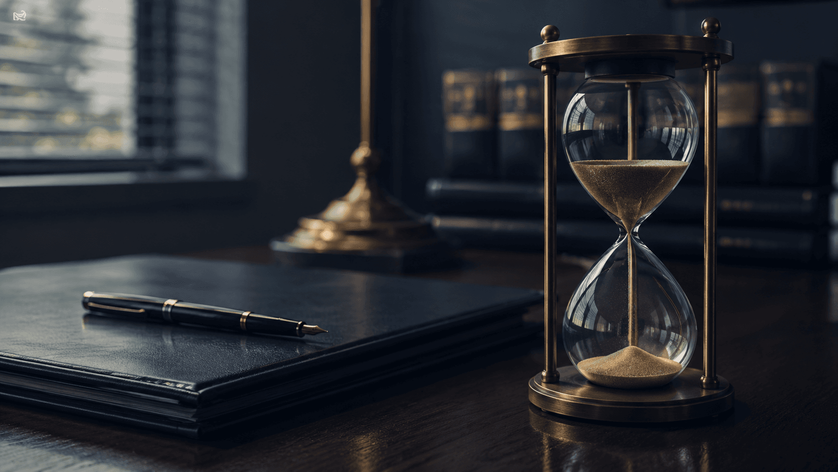 Hourglass with sand flowing next to a closed legal folder, representing Virginia's personal injury filing deadline