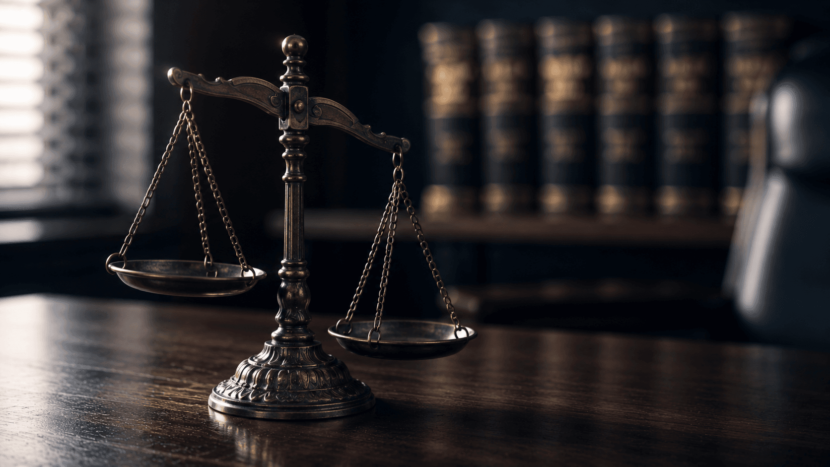 A bronze scales of justice tipped to one side on a desk, representing Virginia's pure contributory negligence rule