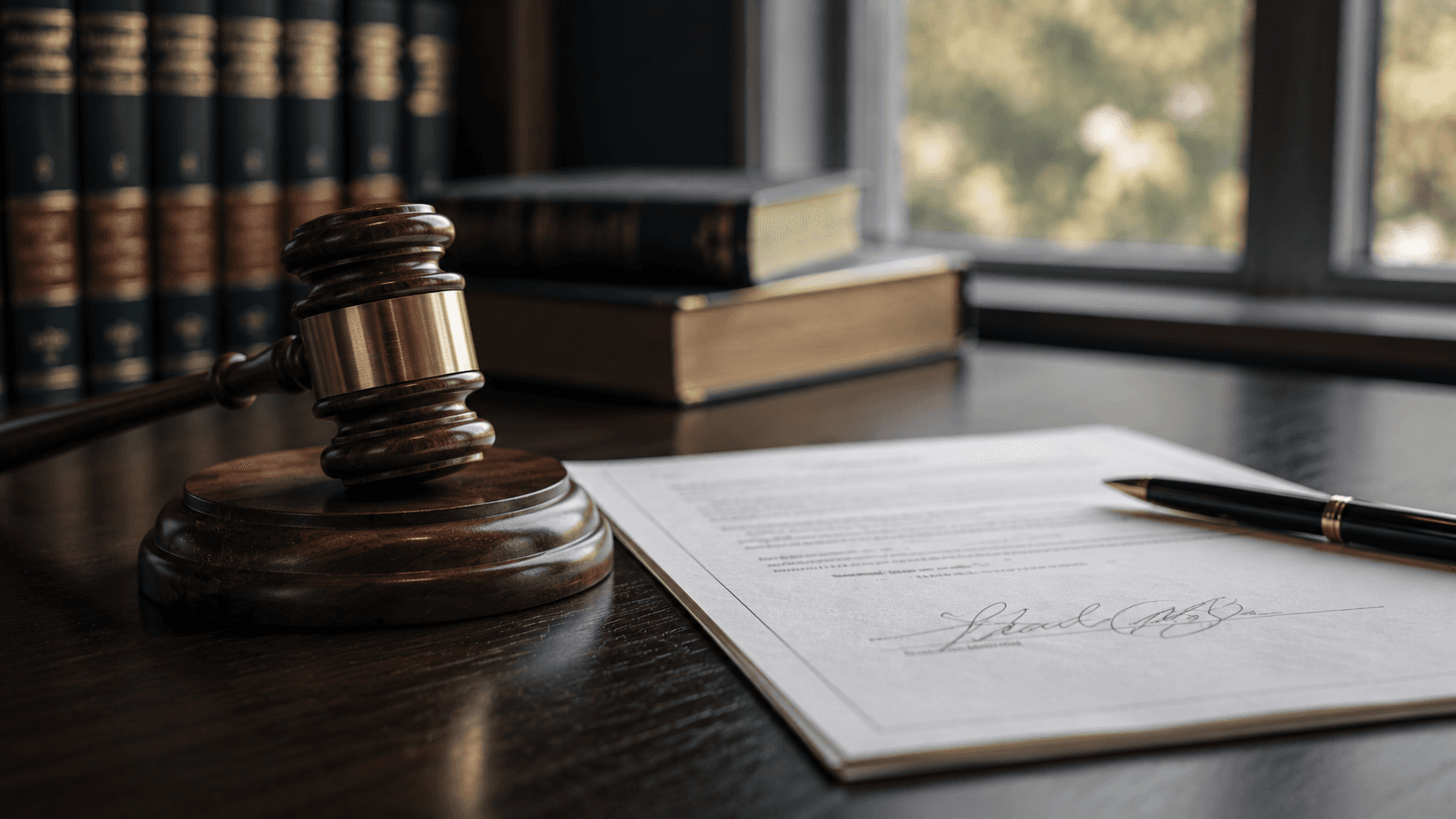 A gavel and a signed settlement document on a law office desk