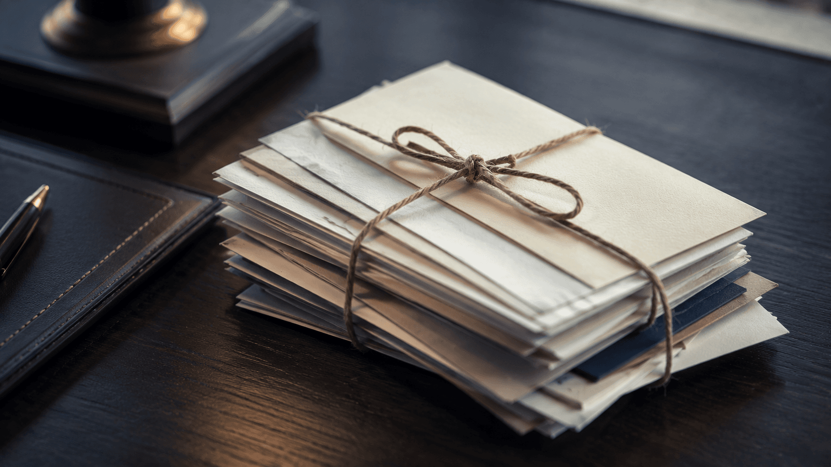 A stack of handwritten thank-you cards tied with string on a law office desk