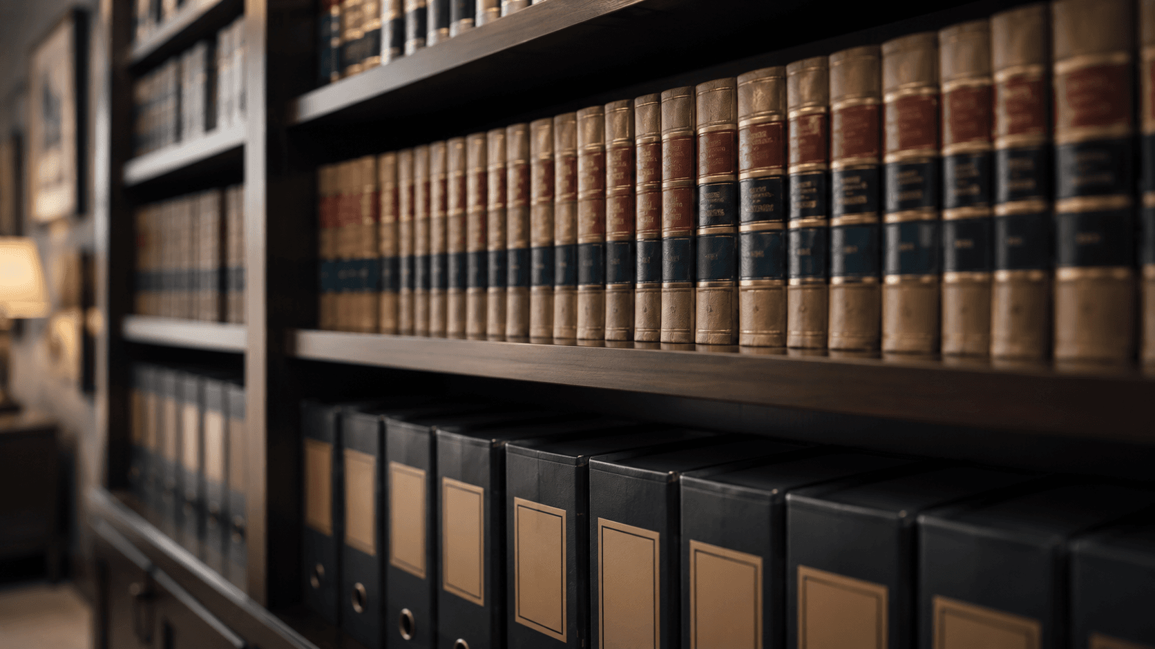 A law office bookshelf lined with legal volumes and case binders