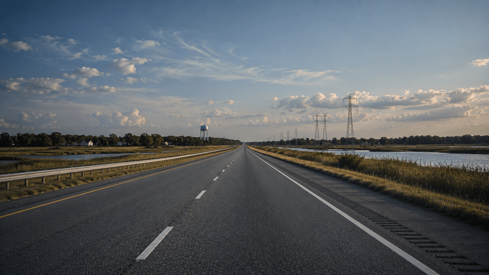 An empty expressway cutting through Chesapeake, Virginia marshland toward the Outer Banks