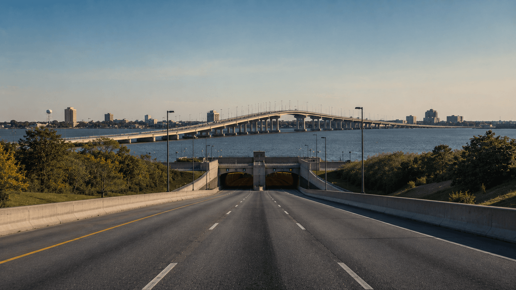 The Hampton Roads Bridge-Tunnel approach with the Hampton skyline across the water