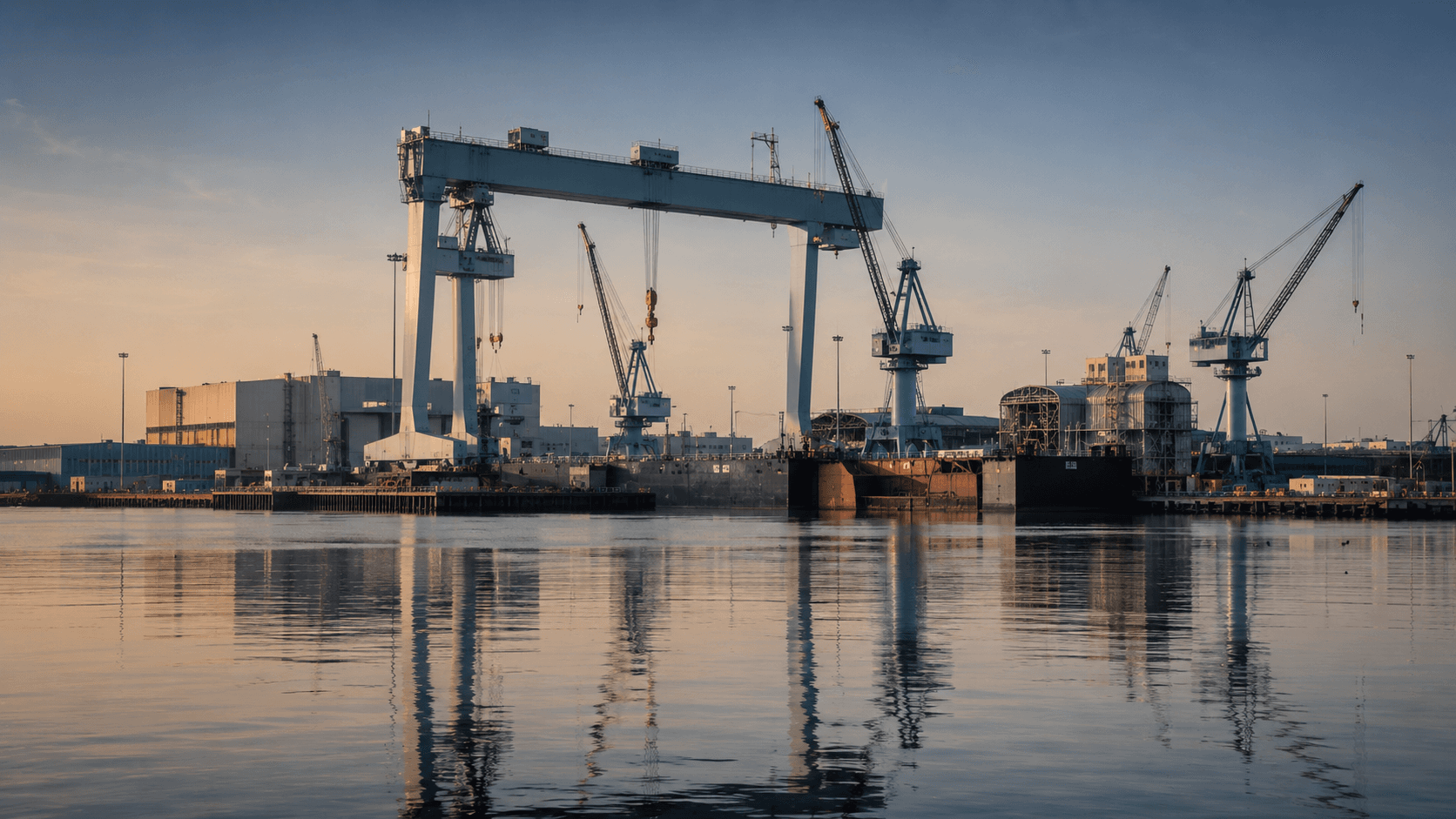 Shipyard cranes along the James River in Newport News, Virginia at dawn