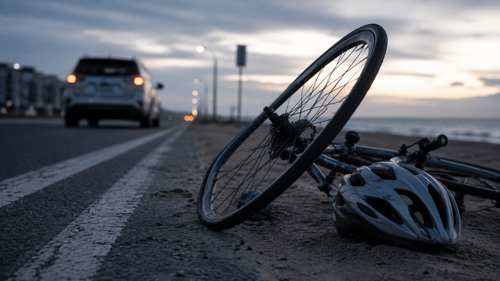 Bent bicycle wheel and helmet on the shoulder of a beachside road