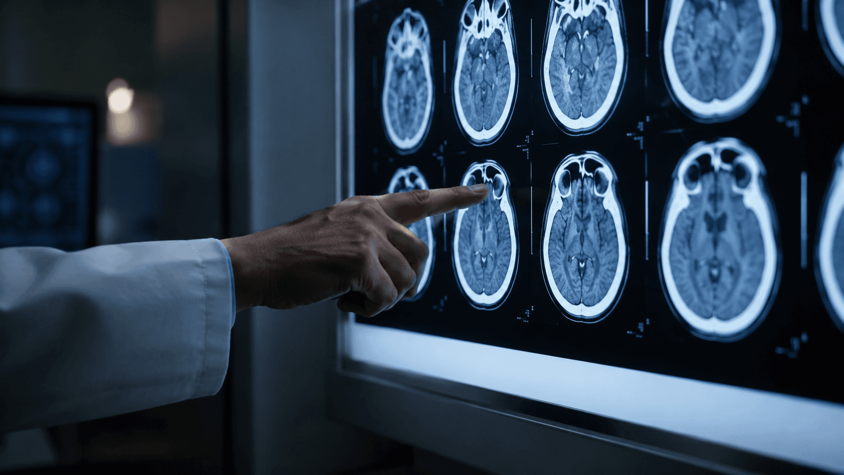 CT brain scan images on a lightbox in a radiology room