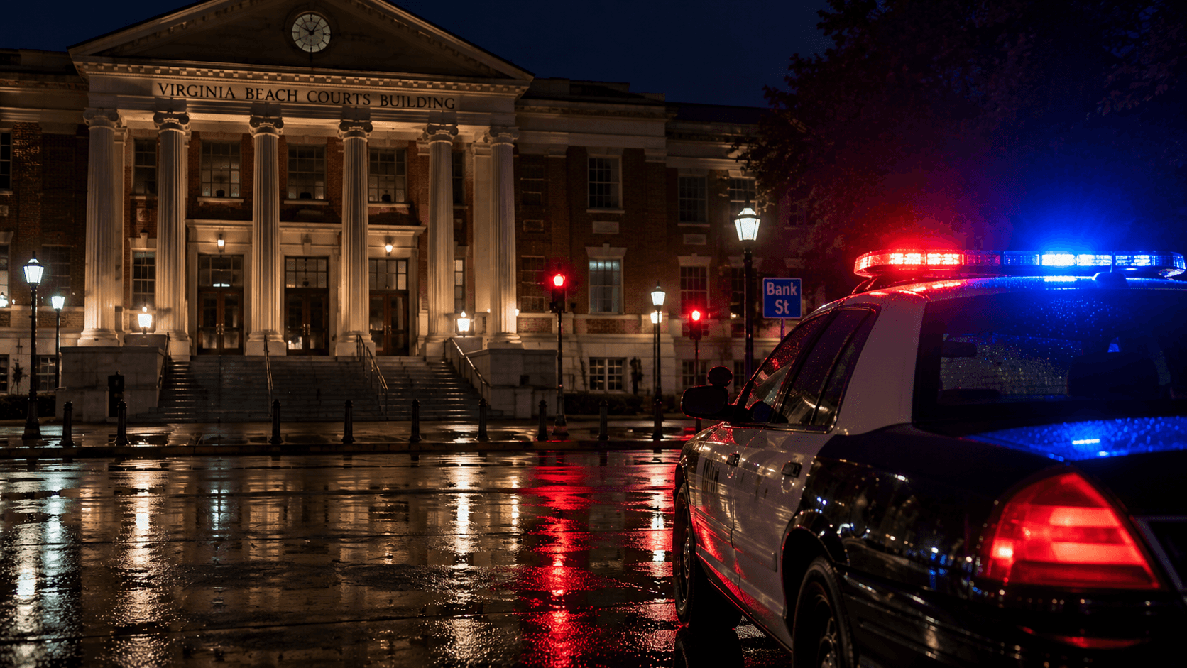 Police cruiser lights reflecting on a wet Virginia Beach street at night