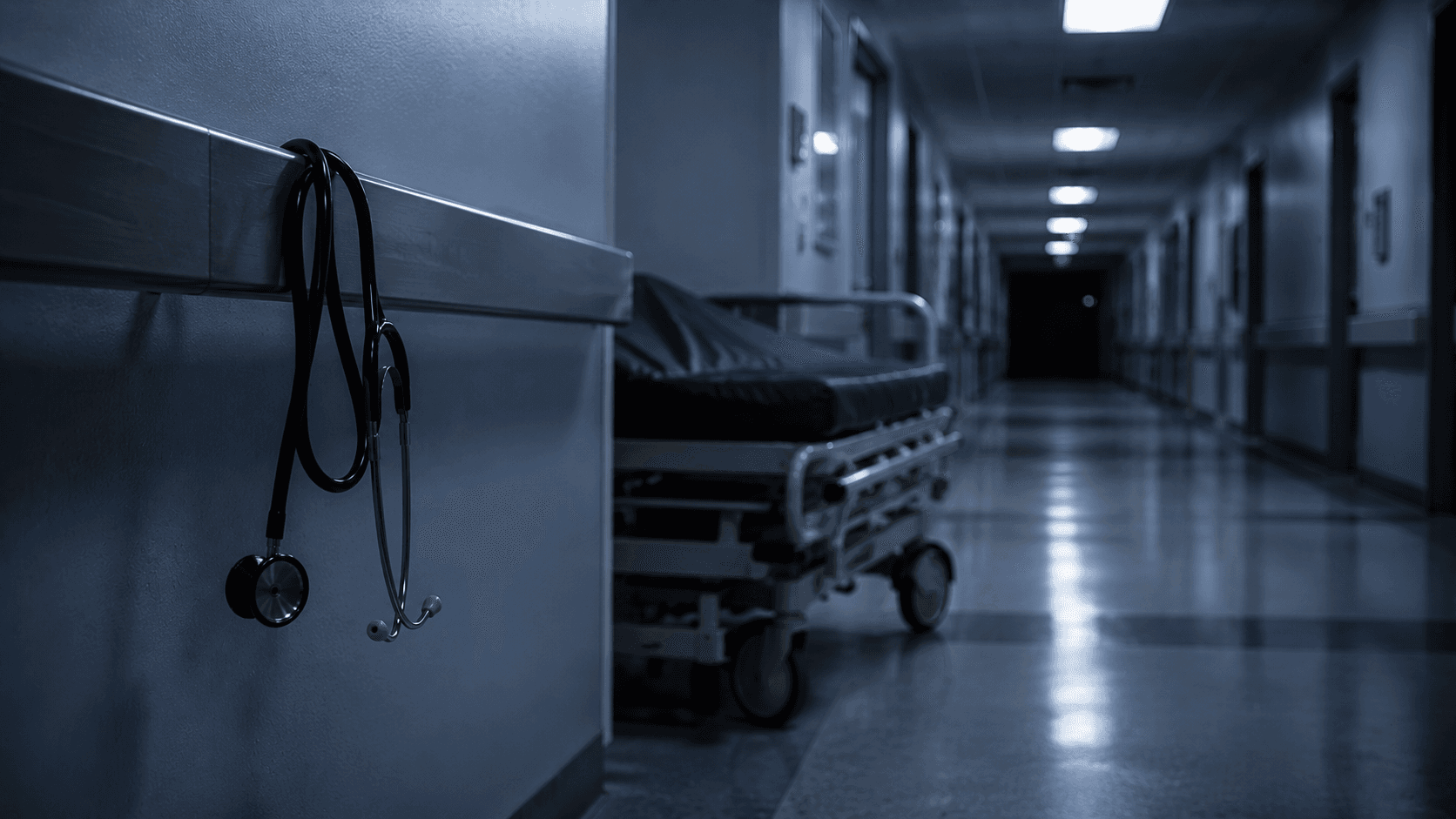 Empty hospital corridor with a gurney against the wall
