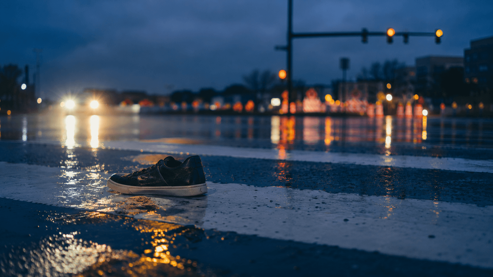 A single shoe on a rain-slicked Virginia Beach crosswalk at dusk