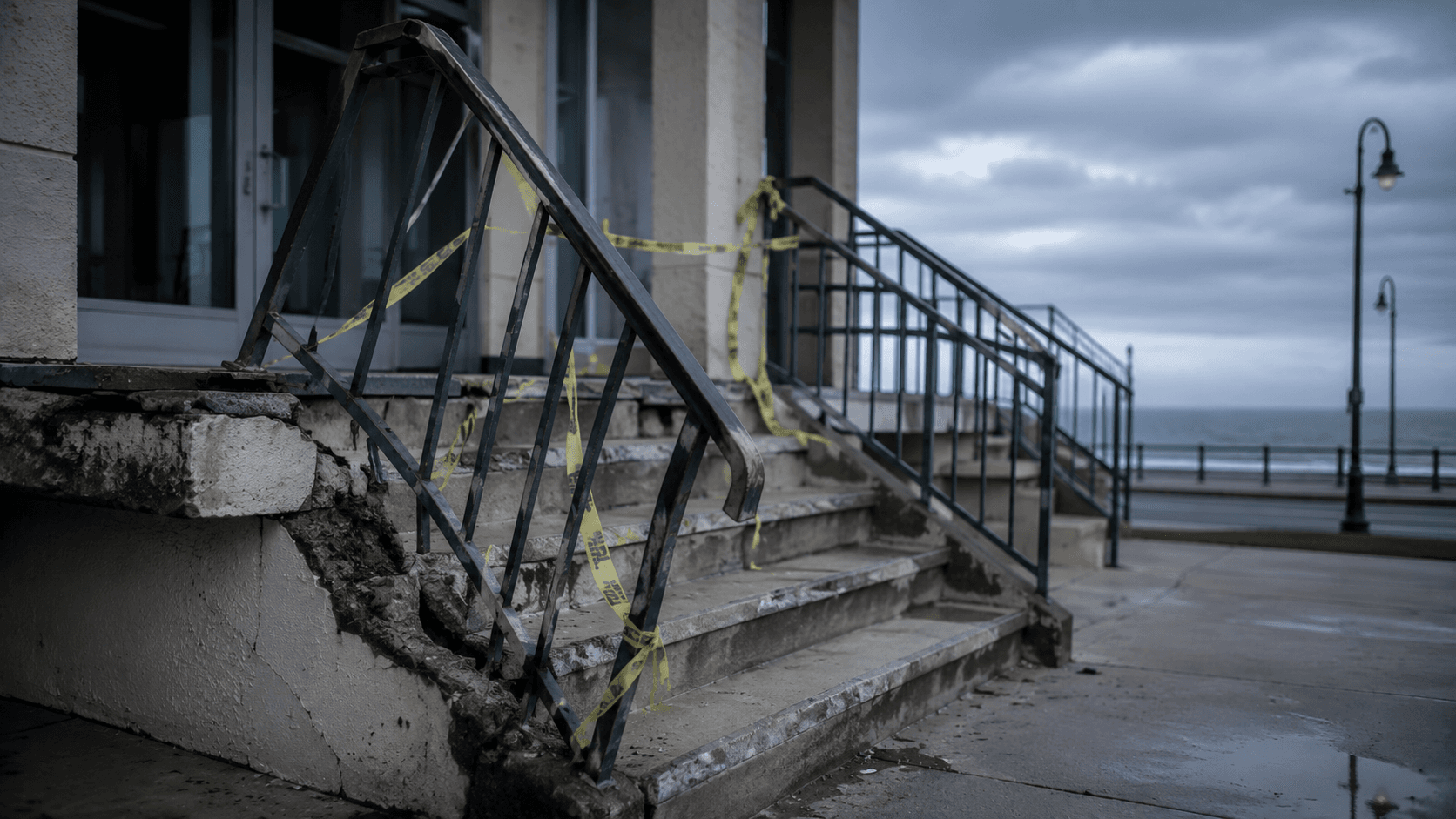 Broken stair railing and cracked steps at a commercial building entrance