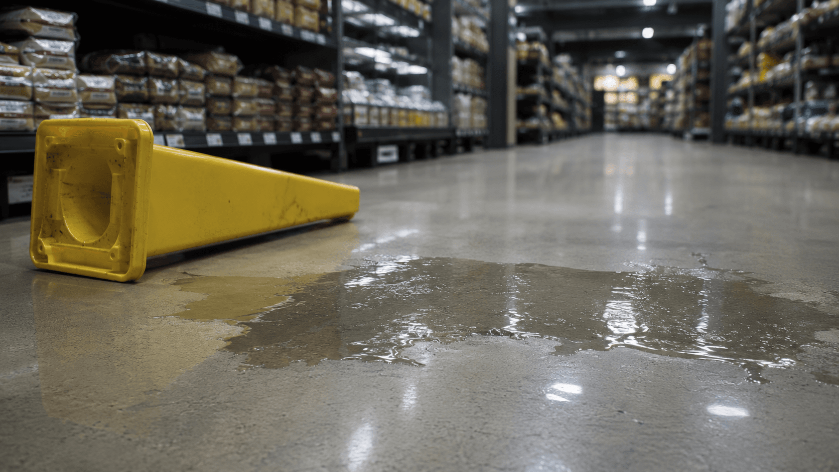 Wet floor caution cone next to a spill on a store aisle floor