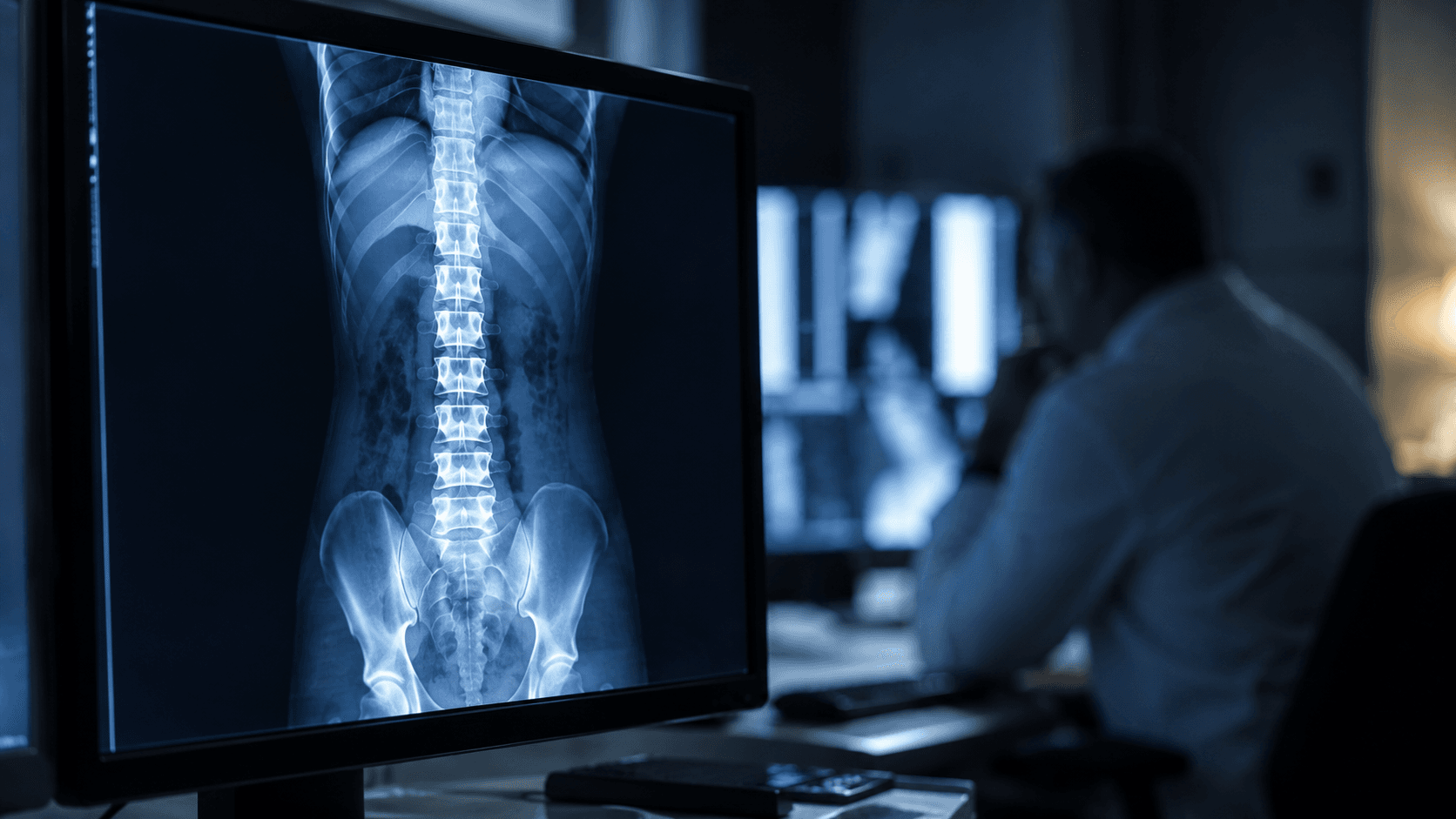 Spinal X-ray displayed on a monitor in a medical office