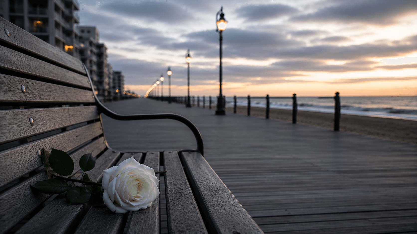 White rose on a bench overlooking the Virginia Beach oceanfront at dawn
